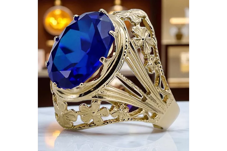 Sapphire 8 كارت من الذهب الأصفر خاتم حرف يدوية فينتاج vrc031x-sp Art Deco أسلوب مجوهرات فينتاج روسي سوفيتي من اتحاد الجمهوريات ا